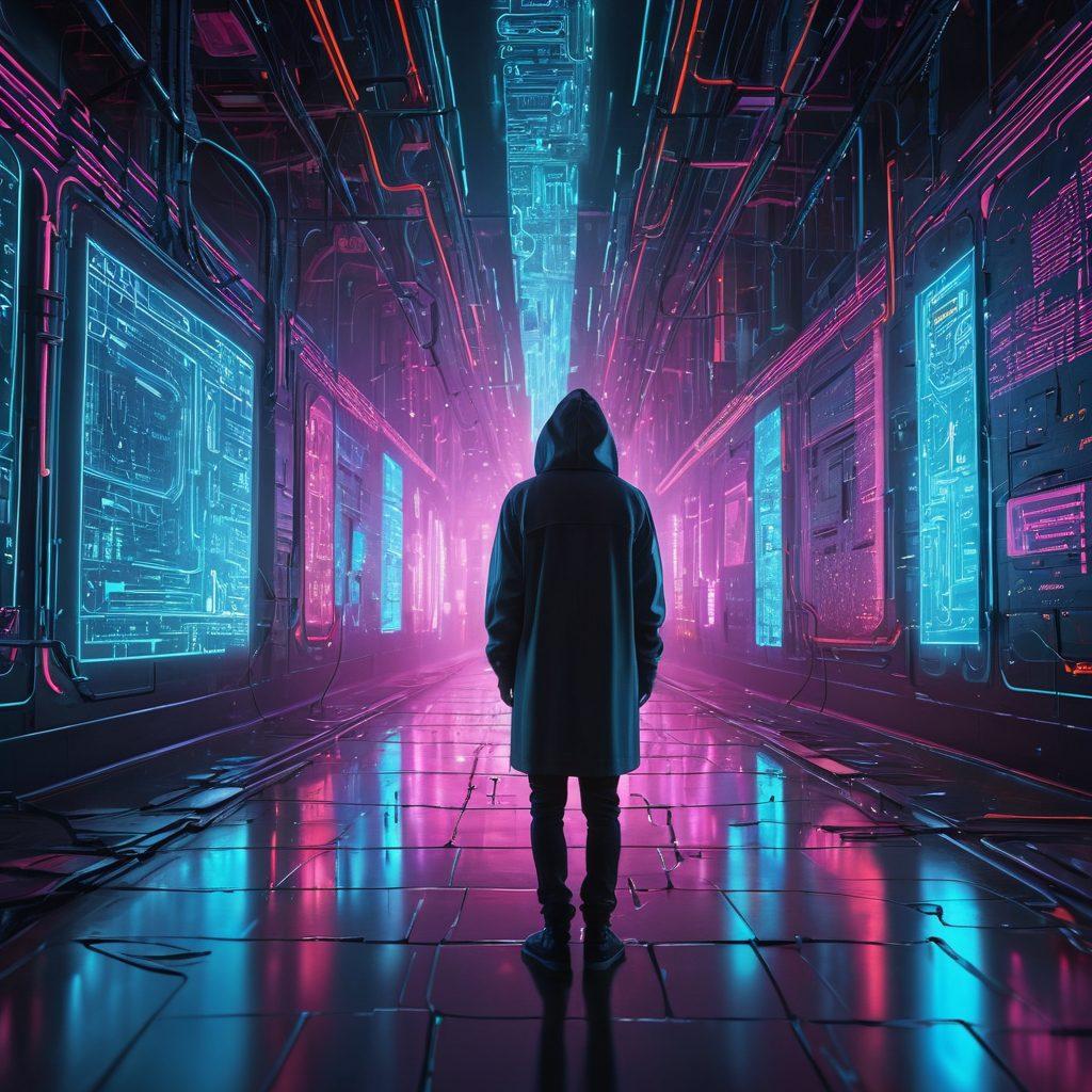 A digital landscape depicting a complex, glowing cyber maze with intricate pathways and neon-lit data streams. At the center, a figure in a hoodie, symbolizing an ethical hacker, studies a holographic interface revealing coding and security symbols. The background should feature binary code cascading like rain, creating a sense of depth and immersion. Include vibrant colors to enhance the futuristic atmosphere, emphasizing a blend of mystery and knowledge. cyberpunk. vibrant colors. 3D.