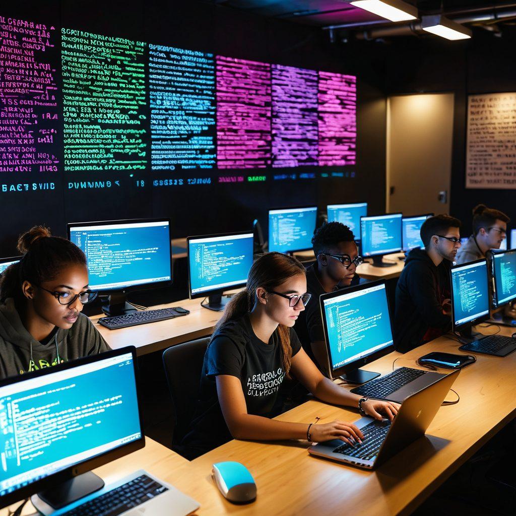 A dynamic scene showcasing a diverse group of aspiring hackers seated in a modern co-working space, deeply engaged in coding on laptops with colorful screens filled with code. In the background, motivational posters on the walls, hinting at community support and empowerment. A vibrant digital world represented through visual elements like network connections and binary code floating around them. super-realistic. vibrant colors. modern tech aesthetic.