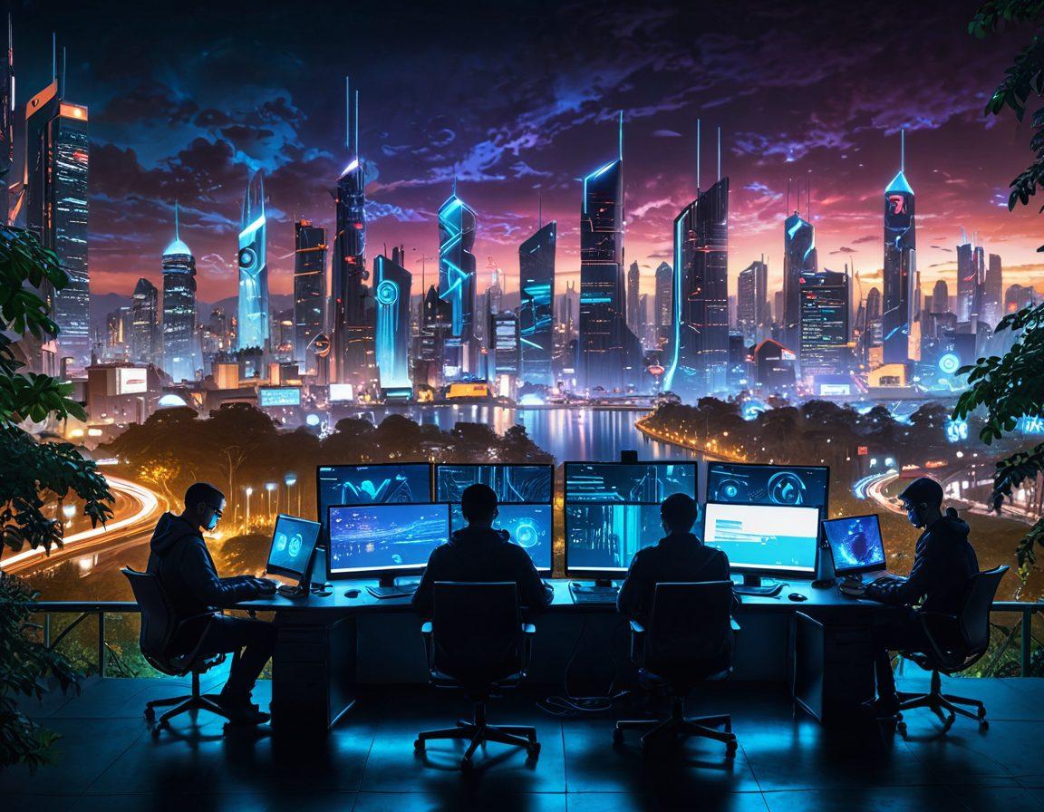 A futuristic city skyline at dusk, with glowing code streams flowing like rivers through the streets, and silhouettes of diverse hackers working on laptops in a digital park. In the foreground, a shield-shaped symbol representing cybersecurity is prominently displayed, surrounded by abstract icons of ethical hacking. The overall atmosphere is vibrant and tech-savvy, conveying a sense of innovation and protection. cyberpunk. vibrant colors. 3D.